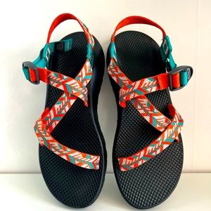 Custom Chaco Z/Cloud Sandals. In Aztec Orange/Teal print, women’s size 11.